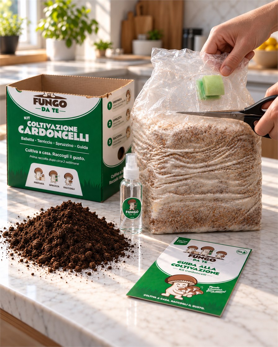 Apertura del kit Fungo Da Te con balletta, terriccio, spruzzino e guida cartacea