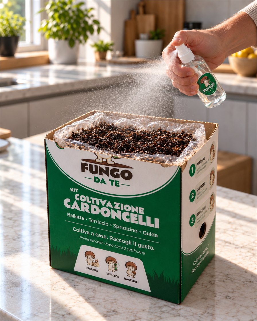 Nebulizzazione del terriccio nel kit di coltivazione cardoncelli Fungo Da Te