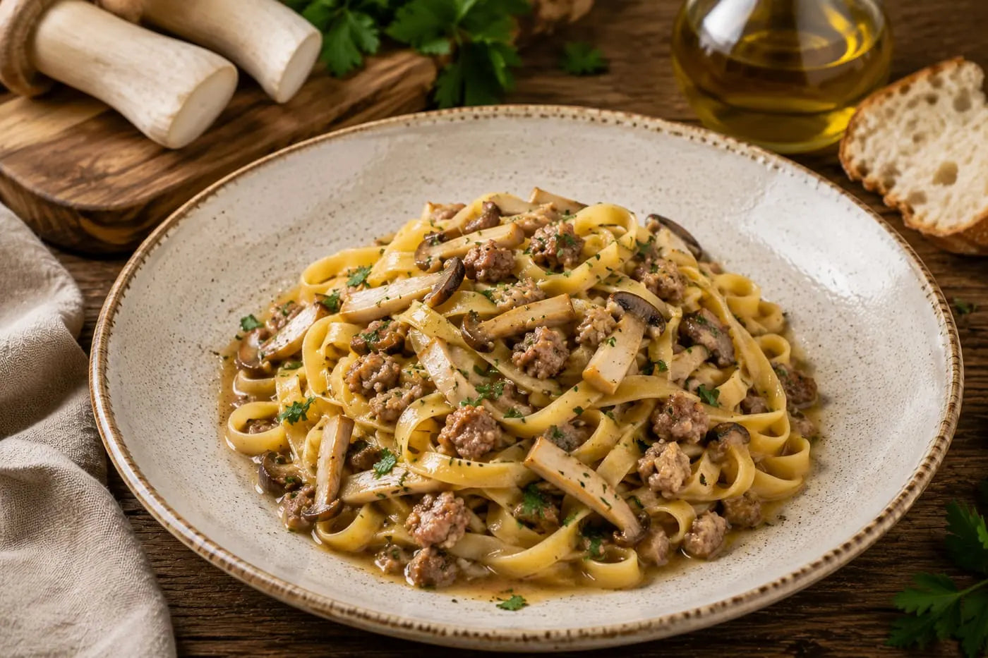Tagliatelle funghi e salsiccia